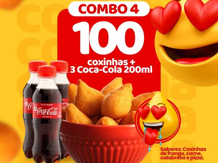 Combo 4 · 100 coxinhas + 3 Coca-Cola 200 ml do Sabor de Mãe, combos de coxinha